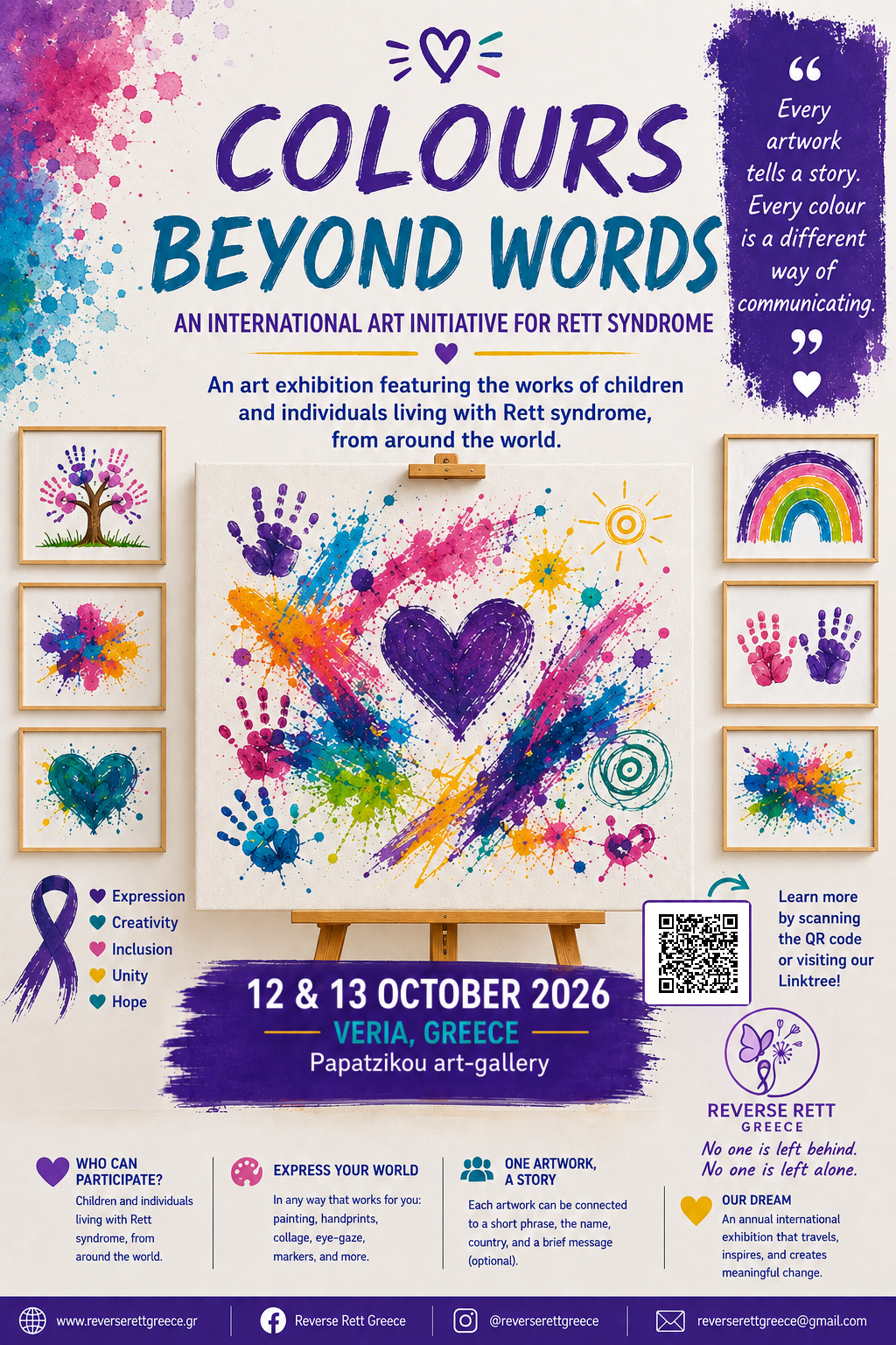 Poster for “Colours Beyond Words” – International Rett Art Initiative, 12–13 October 2026, Veria, Greece